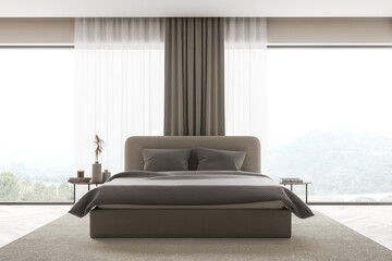 Beige bedroom with panoramic landscape. Frontal view.