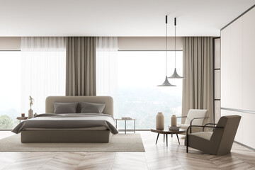 Modern beige bedroom with panoramic windows and seating area