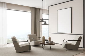 Fototapeta na wymiar Empty canvas on beige wall of living room with seating arrangement idea