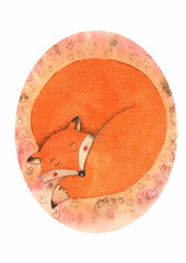 fox curled up on leaves