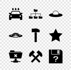 Set Car wash, Folder tree, UFO flying spaceship, FTP cancel operation, Two crossed hammers and Unknown document icon. Vector