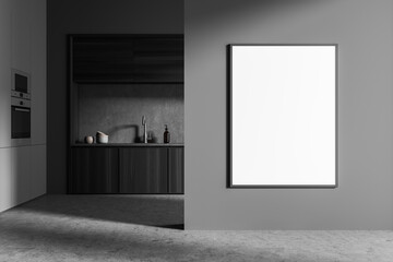 Obraz na płótnie Canvas Front view on dark kitchen interior with empty white poster