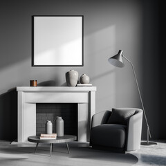 Single armchair in dark grey living room with fireplace and square canvas
