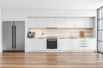 Front view on kitchen room interior with oak wooden floor © ImageFlow