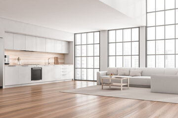 Corner view on kitchen room interior with wooden floor