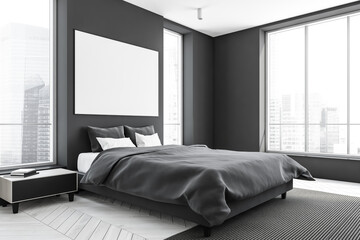 Horizontal canvas in a grey bedroom. Corner view.