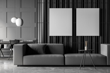 Grey living room with two canvases and a table