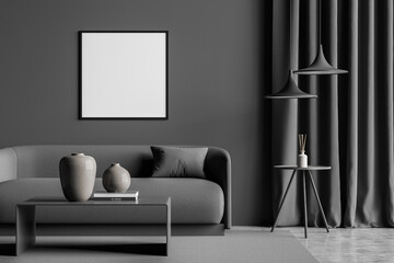 Dark grey living room with empty square canvas on wall