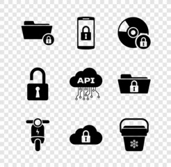 Set Folder and lock, Smartphone with, CD or DVD disk, Electric scooter, Cloud computing and Cooler bag icon. Vector