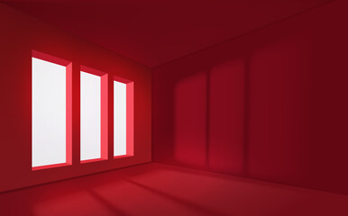 Red empty interior with window. Realistic spacious 3d room with large windows. Empty room. Window light and shadow realistic red decorative background vector illustration