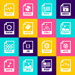 Set PHP file document, AVI, TIFF, PPT, MSG and RAW icon. Vector