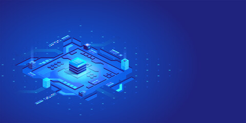 Isometric abstract circuit board futuristic technology processing business background. Idea of global business solution. Vector illustration of interface with geometric shapes