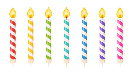 Birthday cake candles with fire flame and colored spiral strips. Small wax sticks with burning wick isolated on white background. Vector cartoon set of candles for holiday party