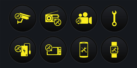 Set Power bank service, Wrench, Microwave oven, Smartphone, Video camera, Radio, Smartwatch and Security icon. Vector