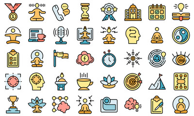 Concentration icons set outline vector. Yoga meditate. Mind relax