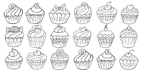 Big Set of icons of cupcakes, muffins in hand draw style. Sweet pastries, muffins. Outline drawing, coloring