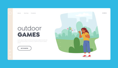 Outdoor Games Landing Page Template. Kid on Summer Vacation or Holidays. Little Girl Blow Soap Bubbles in City Park