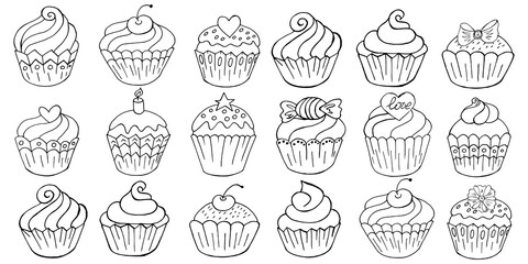Big Set of icons of cupcakes, muffins in hand draw style. Sweet pastries, cute muffins. Outline drawing, coloring book