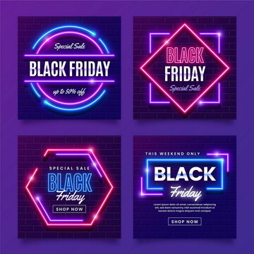 neon black friday instagram post collection vector design illustration