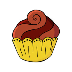 Bright icon of cupcake, muffin in hand draw style. Vector illustration for your design. Sweet pastries, muffin