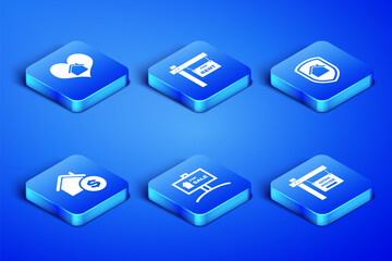 Set Hanging sign with Open house, House heart shape, For Sale, dollar, Rent and under protection icon. Vector