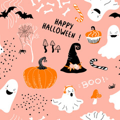Happy Halloween pink background. Lettering. Pumpkins, bats, spiders, cute ghosts, mushrooms, cupcakes, dots and bones. Doodle  Vector seamless pattern