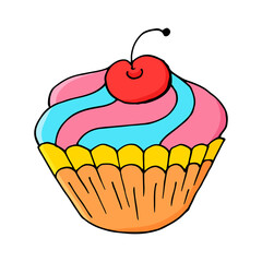 Cupcake icon with cherry, muffin in hand draw style. Vector illustration. Sweet pastries, cute muffin. Sign, icon