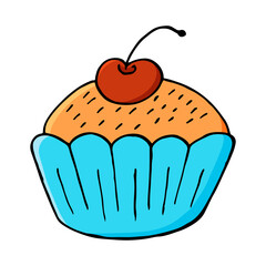 Cupcake icon with cherry, muffin in hand draw style. Vector illustration. Sweet pastries, cute muffin. Sign, icon