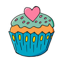 Cupcake icon with heart, muffin in hand draw style. Vector illustration. Sweet pastries, cute muffin. Sign, icon