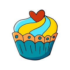 Cupcake icon with heart, muffin in hand draw style. Vector illustration. Sweet pastries, cute muffin. Sign, icon