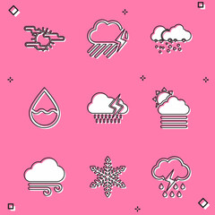 Set Fog and sun, Cloud with rain lightning, snow, Water drop, and cloud icon. Vector