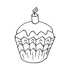 Cupcake linear icon with candle, muffin in hand draw style. Vector illustration. Outline drawing, coloring. Sign, icon