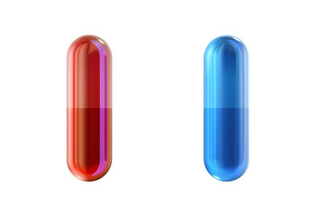 Two medical pills from the matrix, red and blue drug gel capsules isolated on white background. The right choice metaphor, important decision symbol concept, red pill and blue pill 3d illustration - obrazy, fototapety, plakaty