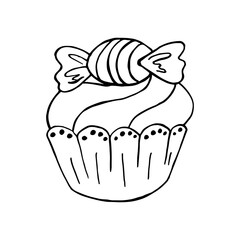 Cupcake linear icon with candy, muffin in hand draw style. Vector illustration. Outline drawing, coloring book. Sign