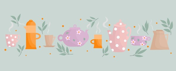 Baner with teapots and teapots. Tea set with decor. Tea ceremony in pastel shades. 