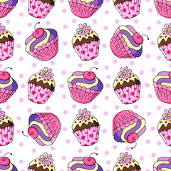 Cute muffins, cupcakes. Seamless pattern with sweet pastries. Vector. Polka dot background. It can be used for packaging