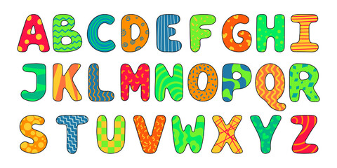 Vector cartoon english alphabet. A collection of isolated bright Latin letters decorated with patterns.