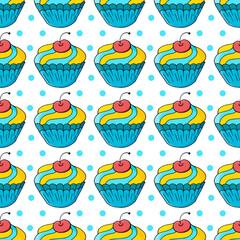 Cute muffins, cupcakes. Seamless pattern with sweet pastries. Vector illustration. Polka dot background