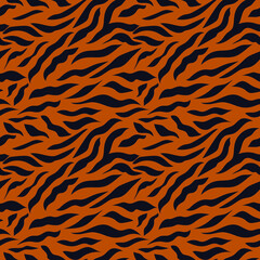 The tiger pattern is a symbol of 2022. Seamless pattern with black stripes on a brown background. Print for modern fabrics, throw pillows, wrapping paper. Vector.