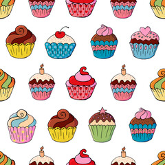 Cute muffins, cupcakes. Seamless pattern with sweet pastries. Vector. Texture for fabric, wallpaper. Decorative