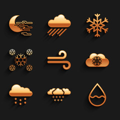 Set Wind, Cloud with snow, Water drop, and Snow icon. Vector