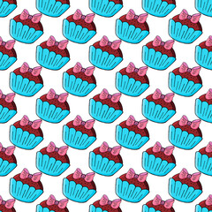 Cute muffins, cupcakes. Seamless pattern with sweet pastries. Vector
