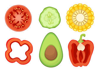 Set of Icons Vegetable Slices Tomato, Cucumber, Corn and Bell Pepper with Avocado Round Halves, Healthy Sliced Veggies