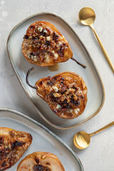 pear and cheese. pear baked with blue cheese, nuts and honey, Delicious balanced food concept. Food recipe background. Close up