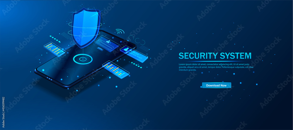 Poster isometric vector illustration of mobile data security. a smart application protects your smartphone 
