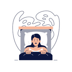 Nightmare disorder concept. Scared woman is waking up from a nightmare, lying in bed and being afraid of ghost. Sleeping disorder, night terror, insomnia for web design.Flat vector illustration