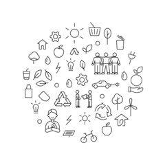 Zero waste concept circle layout with outline icons. Green Earth design. Editable stroke. Isolated vector illustration