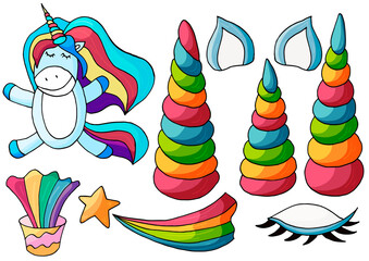 Set of unicorn design elements in hand draw style. Girly fairy collection