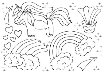 Coloring unicorn design elements in hand draw style