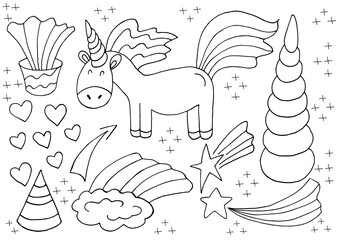 Coloring unicorn design elements in hand draw style